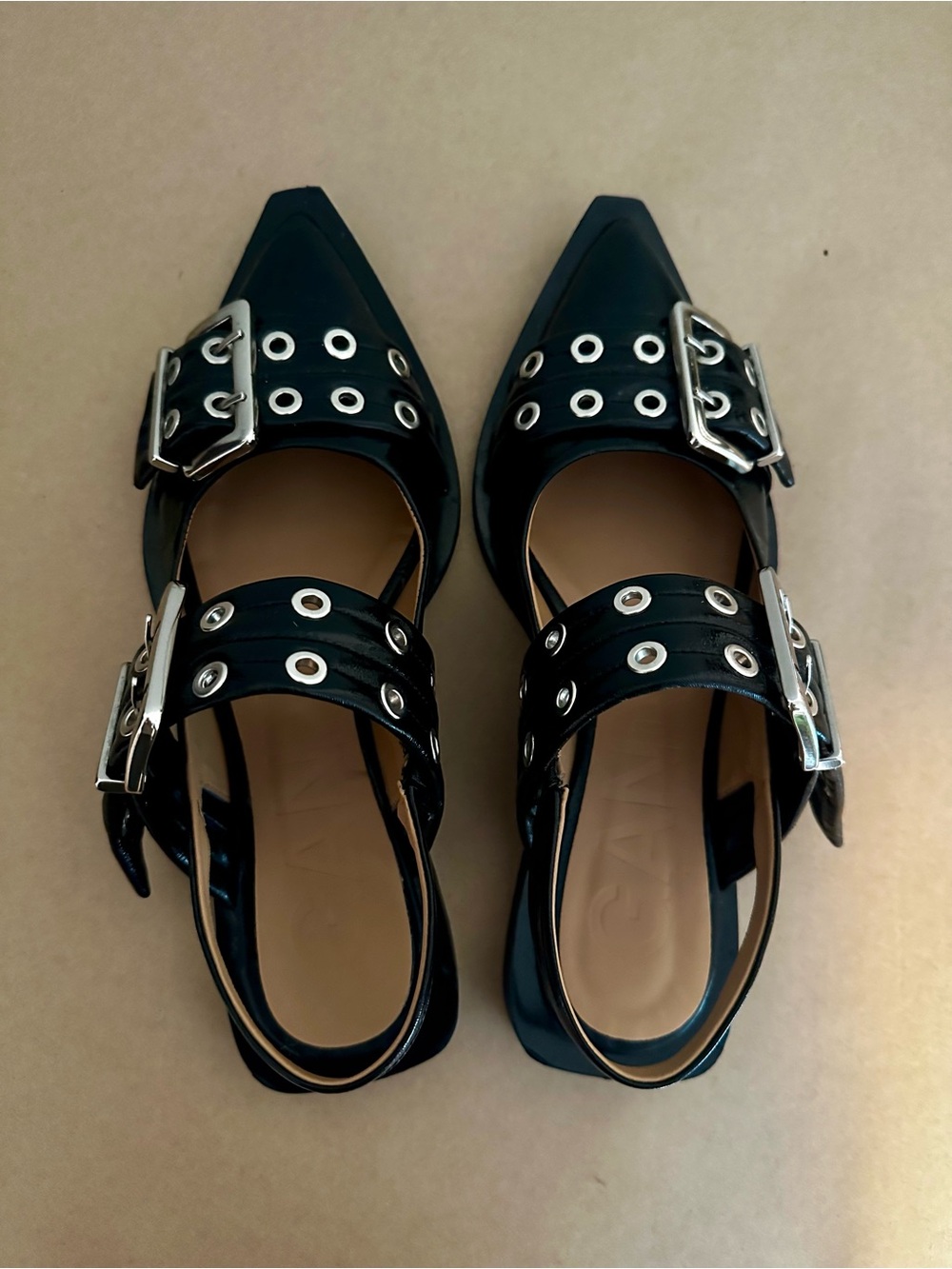 Ganni Black Pointed Slingback Flats with Silver Eyelet Buckles